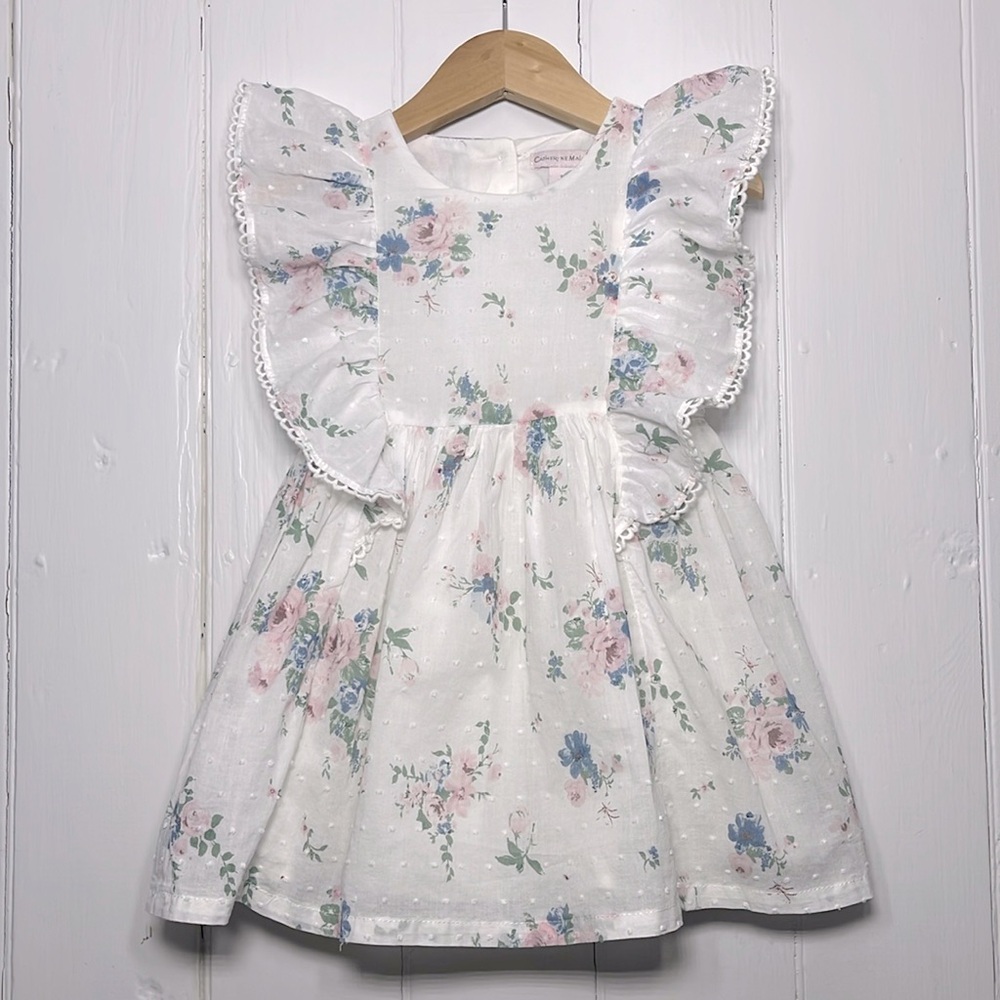 Catherine Malandrino White Floral Flutter Sleeve Dress